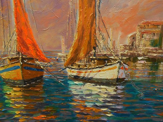 "OLD HARBOR", oil on canvas, YOU CAN ORDER THE SAME PAINTING !, FREE SHIPPING!  30 % OFF SALE !!! sescape, boats, huge size