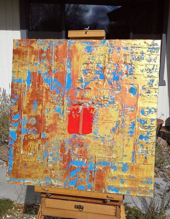 Primitive Asian Gold, Copper, Blue Abstract