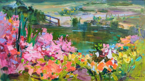 Summer impressions . 80х 45 см. Azalea . Blooming garden by the lake .  Original oil painting