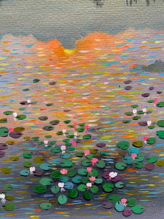 Water lily pond at sunrise ! A4 size Painting on paper (2019) Acrylic  painting by Amita Dand