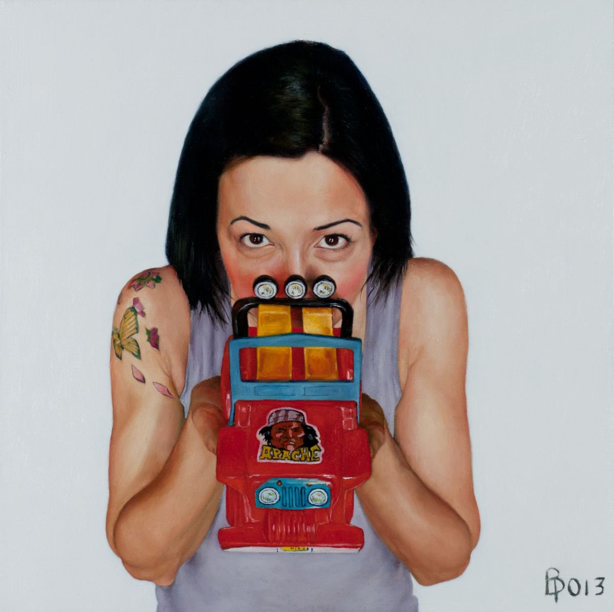 Photorealistic Portrait Oil Painting By Paolo Borile, 16 X 16", Ilaria - The Toy Car, Original Artwork