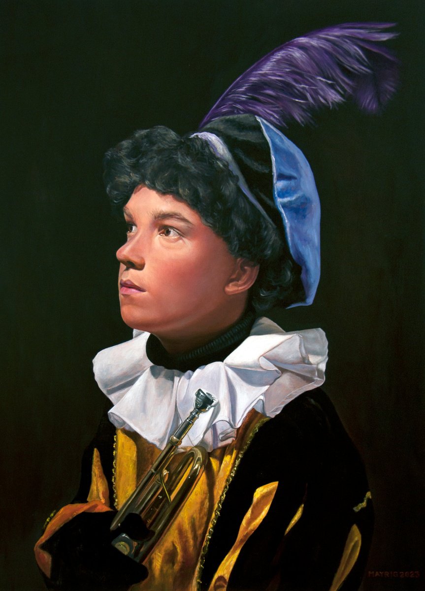 Photorealistic Portrait Oil Painting By Mayrig Simonjan, 20 X 28", Traditional Dutch Trumpeter, Original Artwork