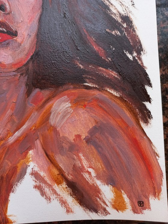 Passion. Woman oil portrait, etude, impressionistic painting, female contemporary art