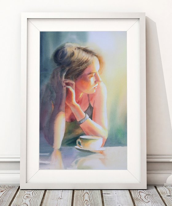 Girl sitting in cafe drinking tea  - Summer sunny day -  morning tea - Portrait of Young Lady - Young Woman - Young Girl - Youth