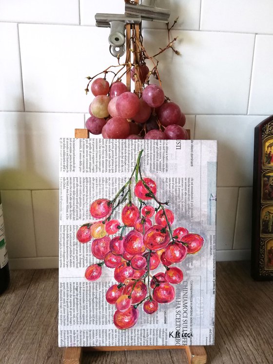 "Grapes on Newspaper " Original Oil on Canvas Board Painting 7 by 10 inches (18x24 cm)