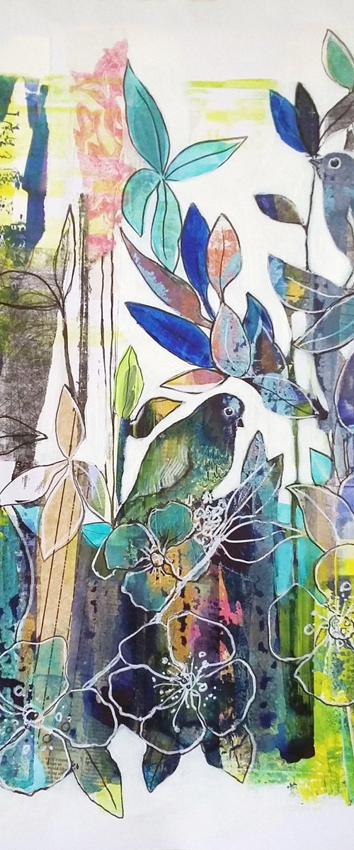 Blue birds ( birds and flowers mixed media painting ) by Carolynne Coulson