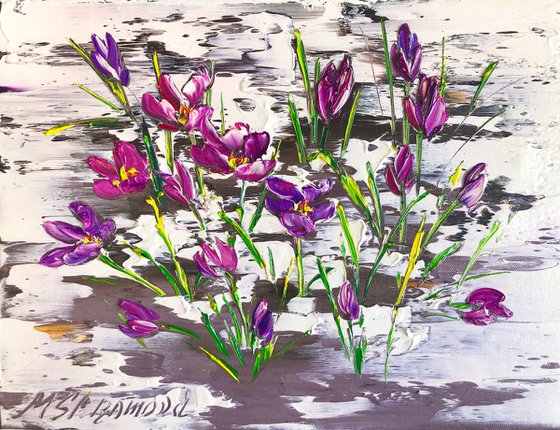 LILIES IN THE SNOW - Spring. Lilies. Snow. Abstract flowers. Melt. Bloom. Purple. Sprouts.