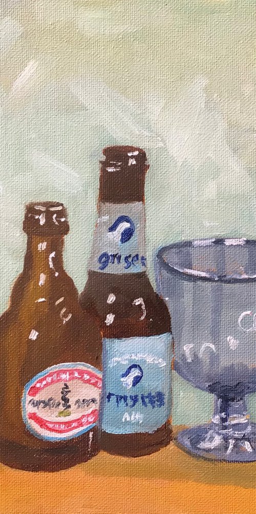 Belgian beer bottles and glasses, a still life oil painting. by Julian Lovegrove Art