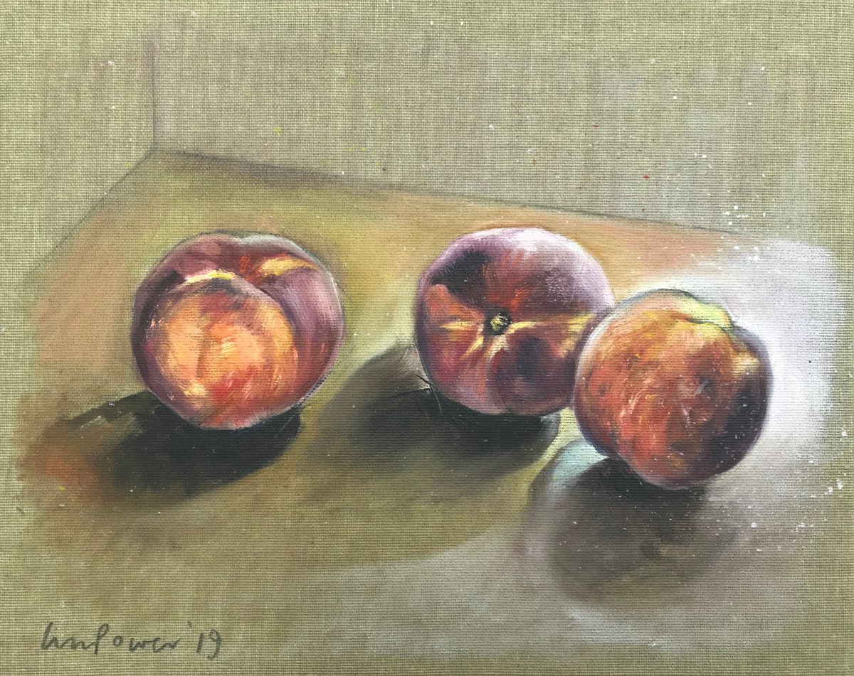 ‘Three Peaches’ - still life oil painting on unbleached canvas