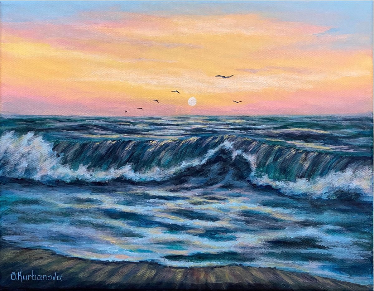 Abstract Landscape Acrylic Painting By Olga Kurbanova, 14 X 11", Beckoning Sunset, Original Artwork