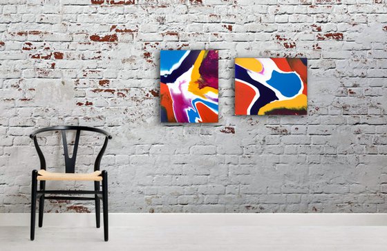 "Is This Enough Of A Production For You?" - Original PMS Abstract Diptych Fluid Acrylic Paintings On Canvas - 36" x 20"