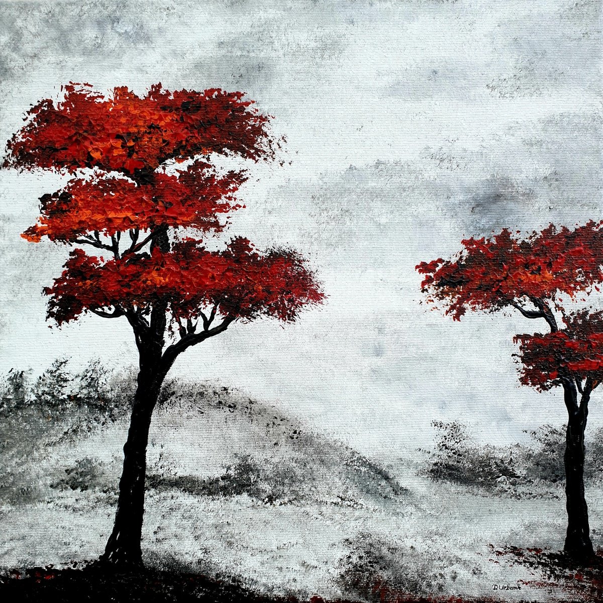 Impressionistic Landscape Acrylic Painting By Daniel Urbani?k, 16 X 16, Gray Landscape, Original Artwork