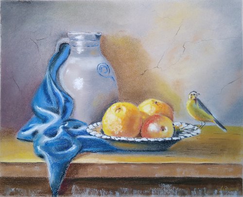 Singing bird - Still life with oranges and wagtail by Liubov Samoilova