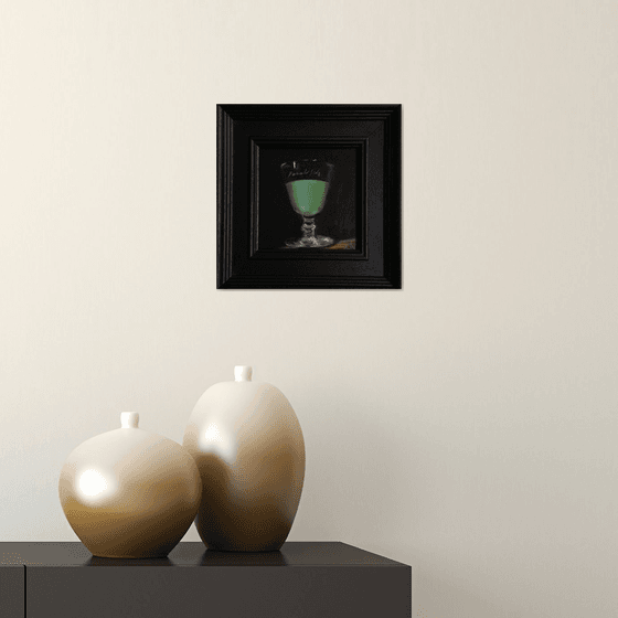 Pernod Absinthe Still Life original oil realism painting, with black wooden frame.