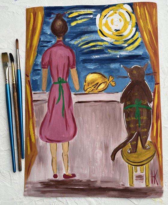 Woman ans Cat. Dinner for two. original painting