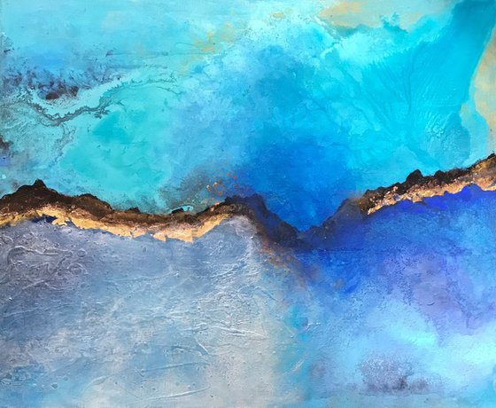 Turquoise blue abstract painting atmospheric ocean with gold leaf "It's only water"