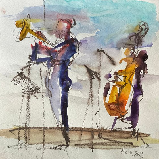 "JAZZ BAND PLAYING LOUIS ARMSTRONG. #2" (WATERCOLOR SKETCH, 'JAZZ BY THE SEA' SERIES)
