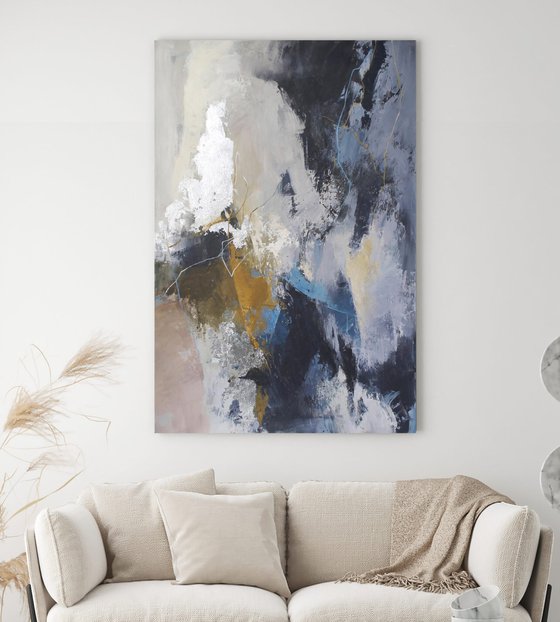 "Glory" Abstract navy blue silver acrylic art