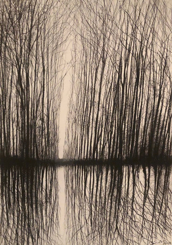 'Long Island Winter III' Charcoal & Ink Landscape Tree Water Reflection Drawing