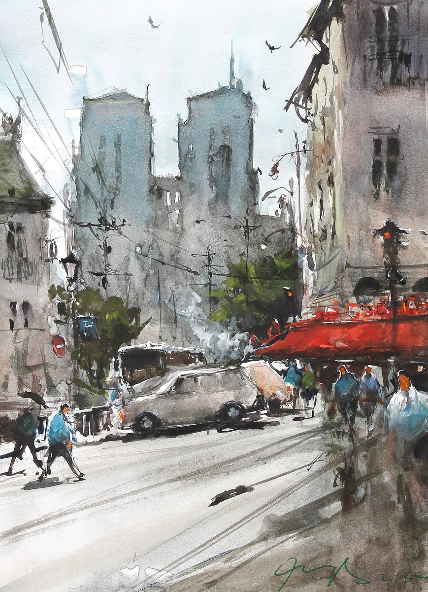 Impressionistic Cityscapes Watercolour By Maximo Damico, 9 X 11", Notre Dame And Bistrot, Original Artwork