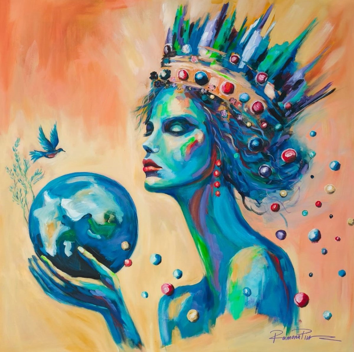 Urban And Pop Portrait Acrylic Painting By Ramona Pintea, 39 X 39", Ruler Of Her Own Universe, Original Artwork