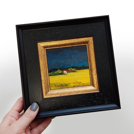Yellow field painting original, Mini Landscape oil painting small art framed, Miniature painting guest gift - Before storm
