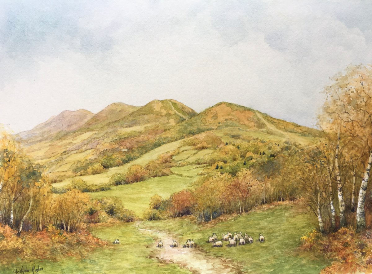 Typographic Landscape Watercolour By Christopher Hughes, 14 X 10, Malvern Hills In Autumn, Original Artwork
