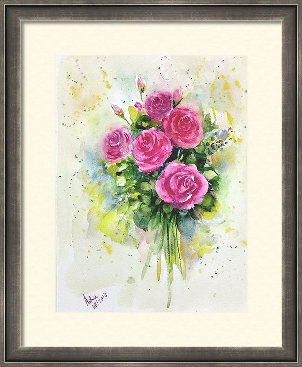 Five Pink Roses Flowers Watercolor Floral painting- 10.25x 14 by Asha Shenoy