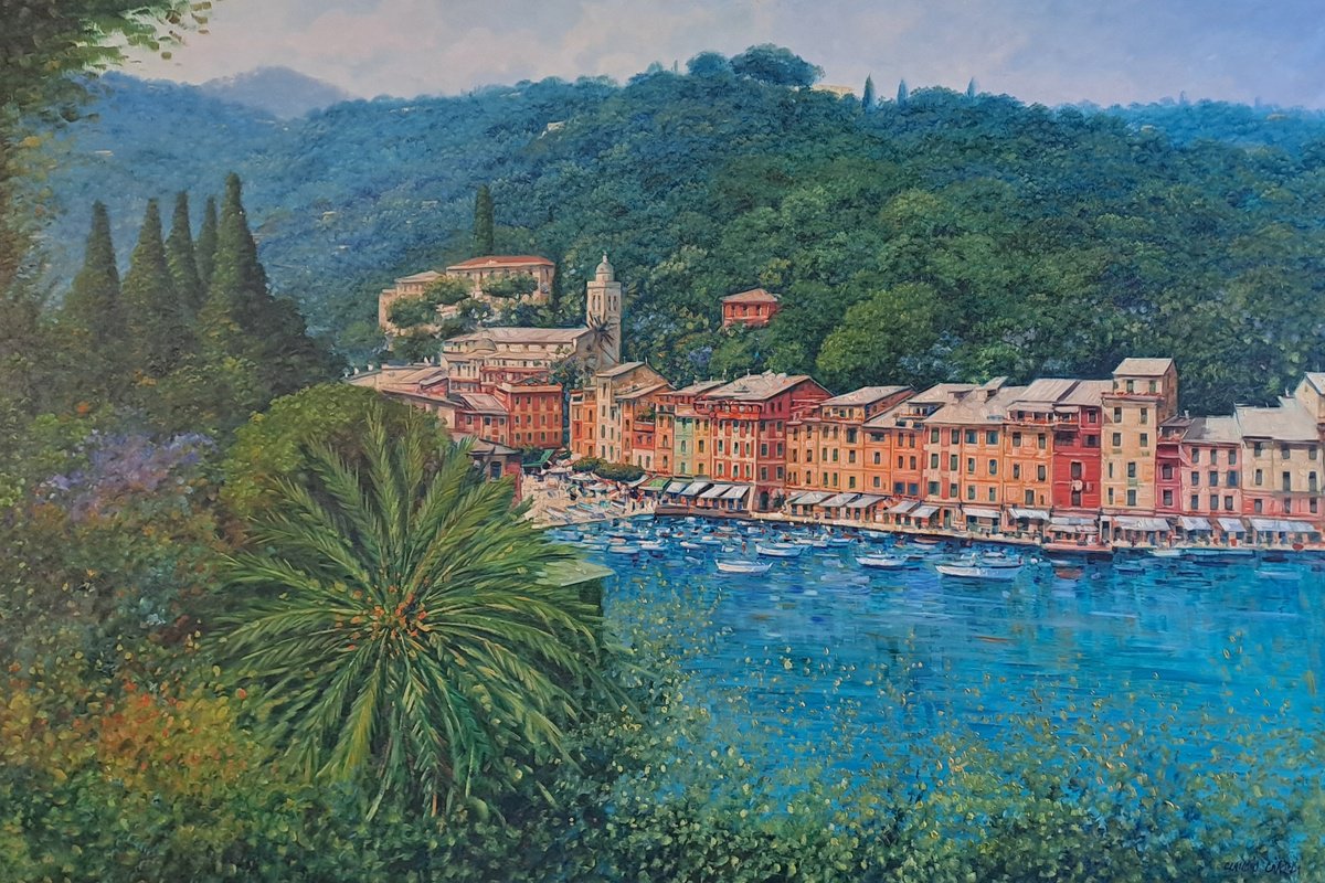 Impressionistic Landscape Oil Painting By Claudio Ciardi, 59 X 39, Portofino From Above, Original Artwork