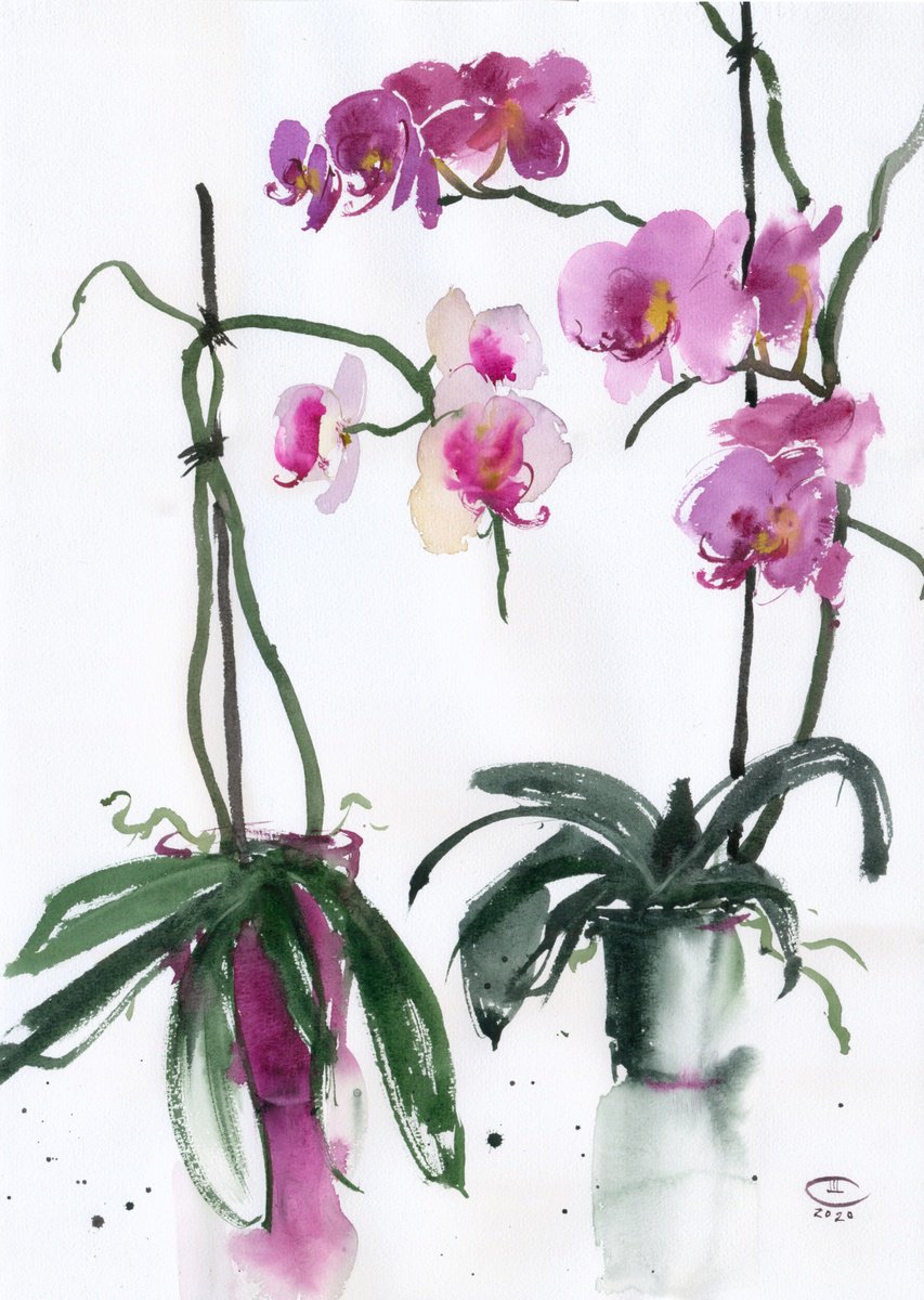 Impressionistic Still Life Watercolour By Tatyana Tokareva, 15 X 22", Orchids, Original Artwork
