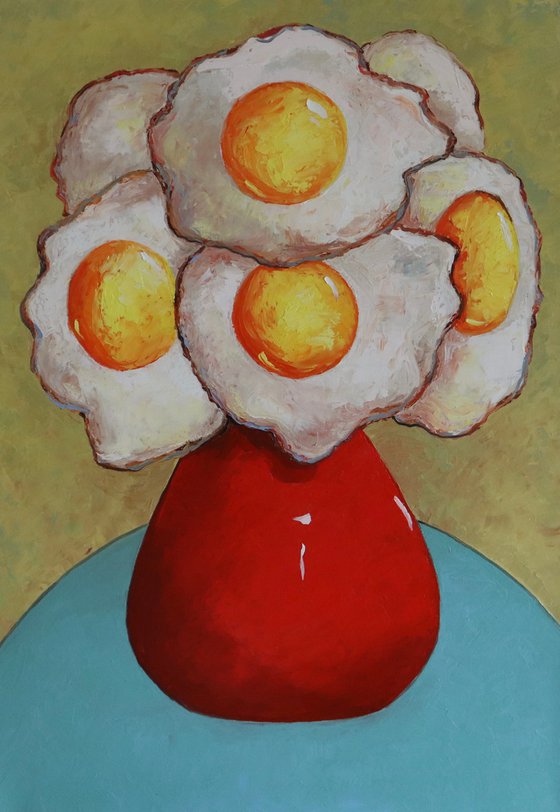 Egg flowers in a red vase