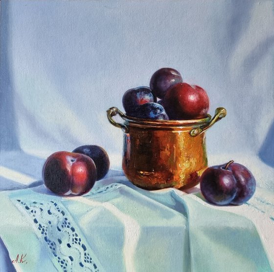 "Small copper saucepan and plums."  still life liGHt original painting PALETTE KNIFE  GIFT (2021)