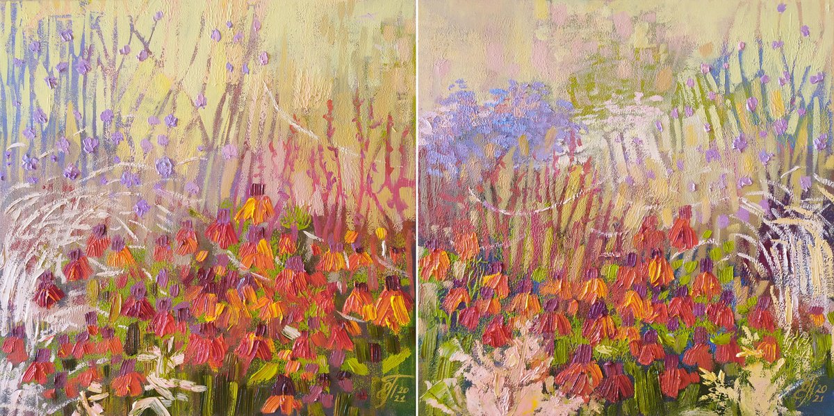 SUNLIT FLOWERS - diptych - set of 2 square abstract floral paintings by Ekaterina Prisich