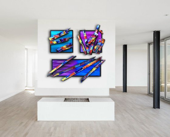 "Broke And Beautiful" - SPECIAL PRICE - Original Triptych PMS Mixed Media Sculptural Paintings On Canvas and Wood, Framed -  45 x 46 inches