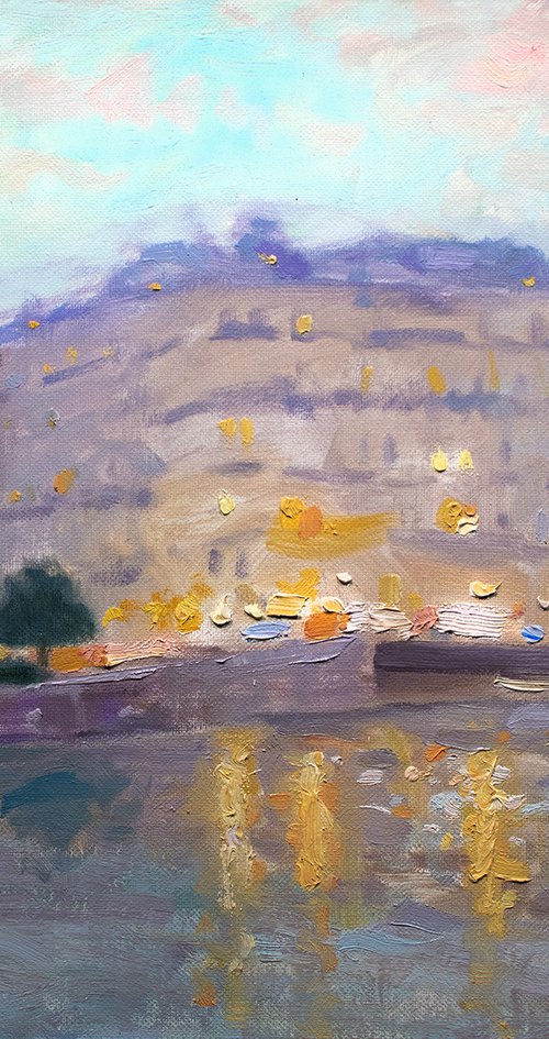 Paris at dusk looking over the river Seine, impressionist oil painting by Gav Banns
