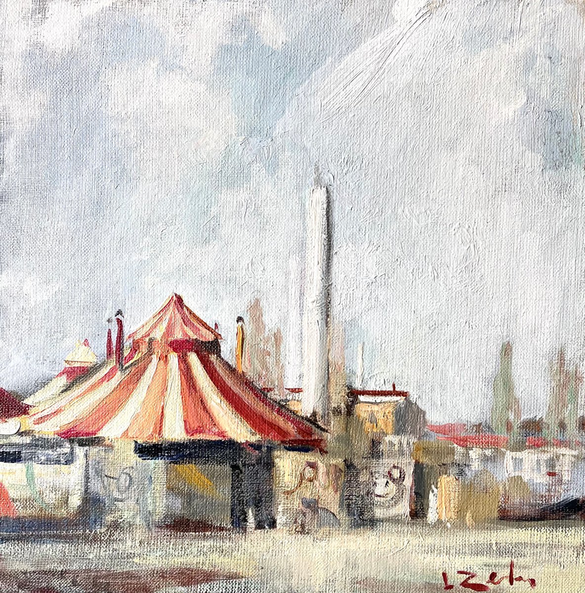 Impressionistic Landscape Oil Painting By Irina Zelenina, 12 X 12, Circus Tents In Tempelhof Park, Original Artwork