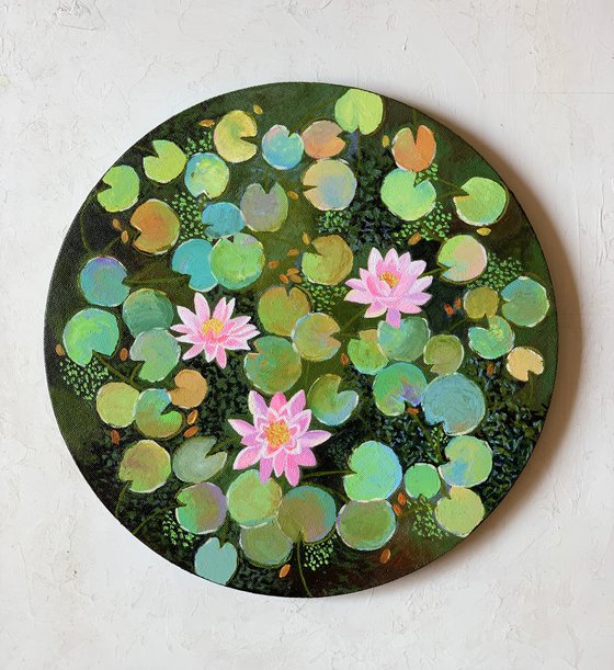 Pink water lilies pond! 12 inches round canvas and ready to hang