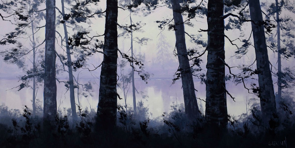 Impressionistic Landscape Oil Painting By Graham Gercken, 38 X 20, Misty Trees With Lake View, Original Artwork