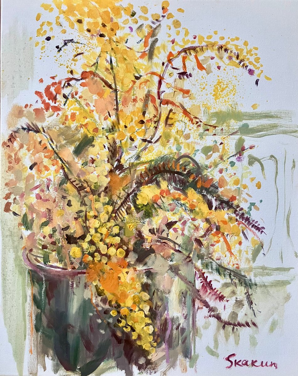 Expressive Botanical Oil Painting By Mari Skakun, 16 X 20", Mimosa Mood, Original Artwork