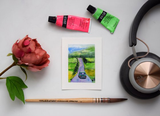 Miniature watercolor painting, Mini Cooper car on road tiny original art