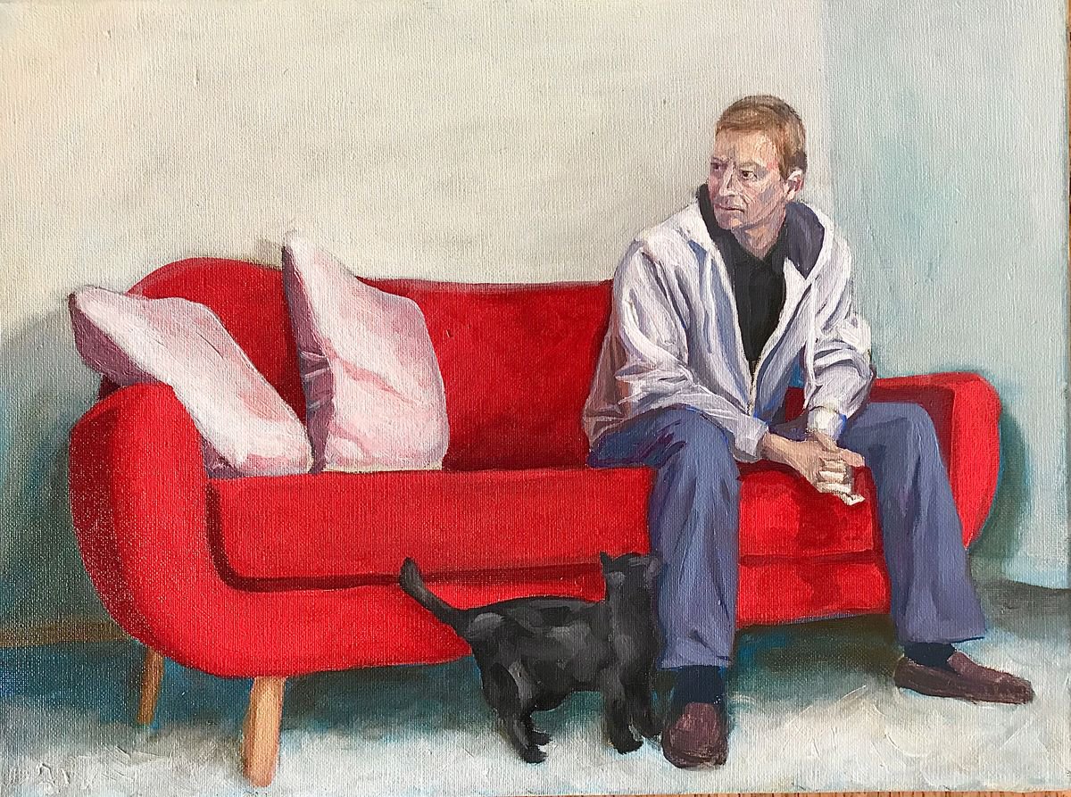 Portrait of the Artist with a Young Cat 2019 by Wayne Peachey
