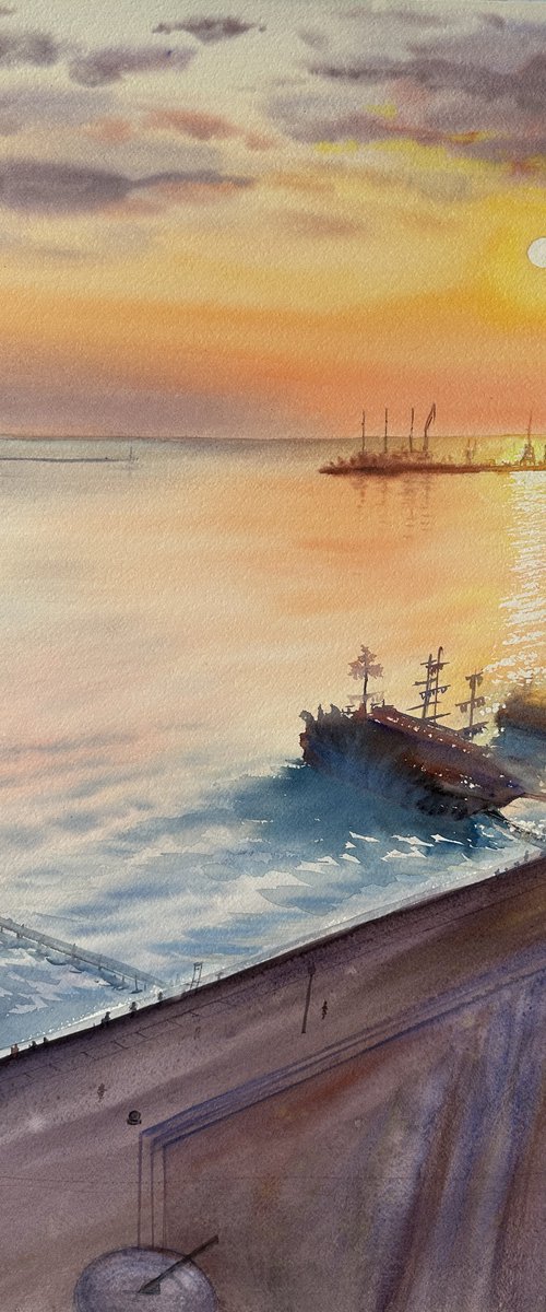 Serene Sunset over a Seaside Town by Oleksandra Padushyna