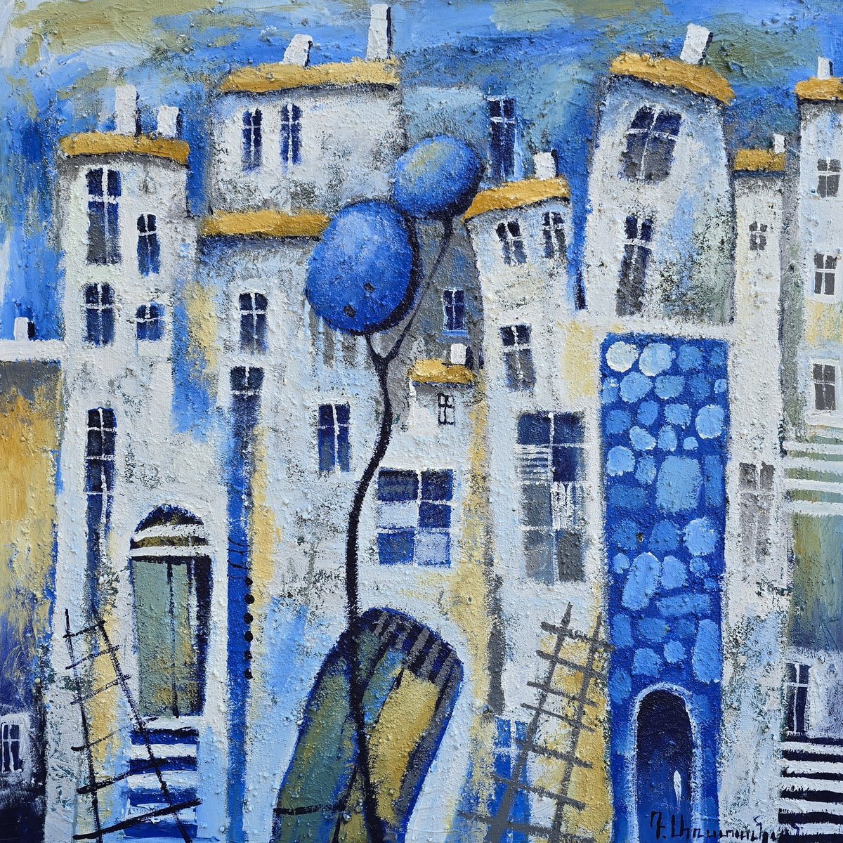 Abstract Cityscapes Acrylic Painting By Davit Arstamyan, 31 X 31, Floating City Of Dreams, Original Artwork