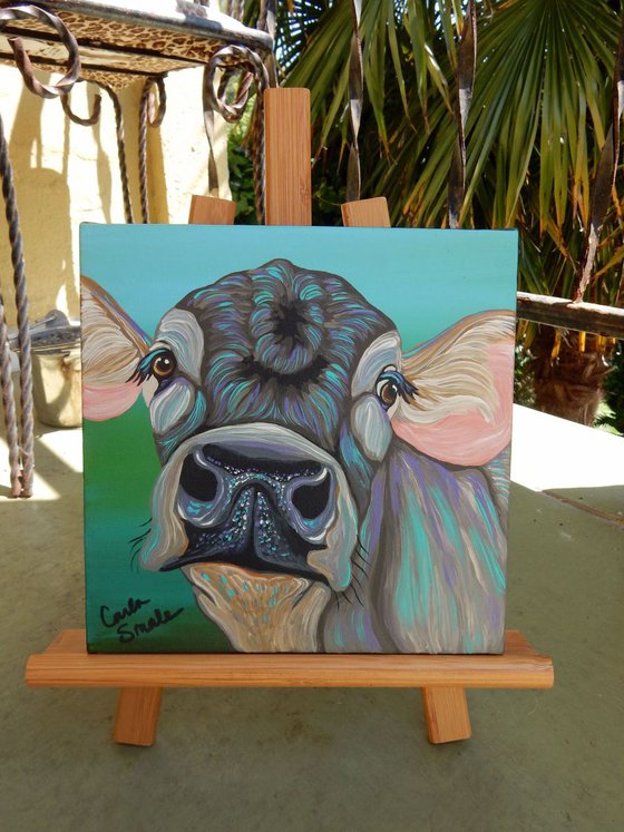 Rainbow Brown Cow Original Art Painting-8 x 8 Inches Deep Set Stretched Canvas-Carla Smale