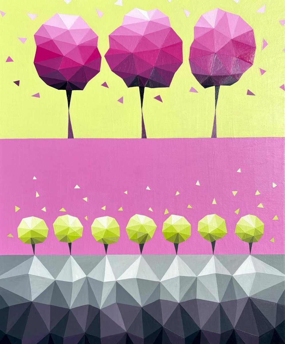 Geometric Landscape Acrylic Painting By Maria Tuzhilkina, 20 X 24", Pink And Lemon Abstract Trees, Original Artwork