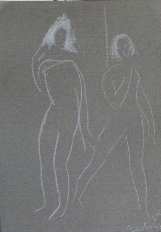 TWO NUDES on the BEACH minimalist pastel drawing 21x29cm