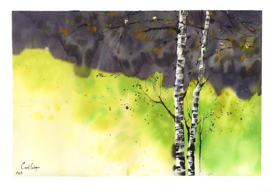Birch Trees Landscape and Stormy Sky Nature Watercolor Painting