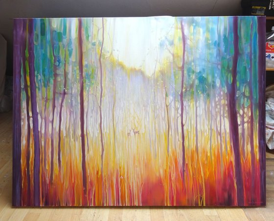 Elusive-2 - a large original oil on canvas of an autumn forest clearing with deer