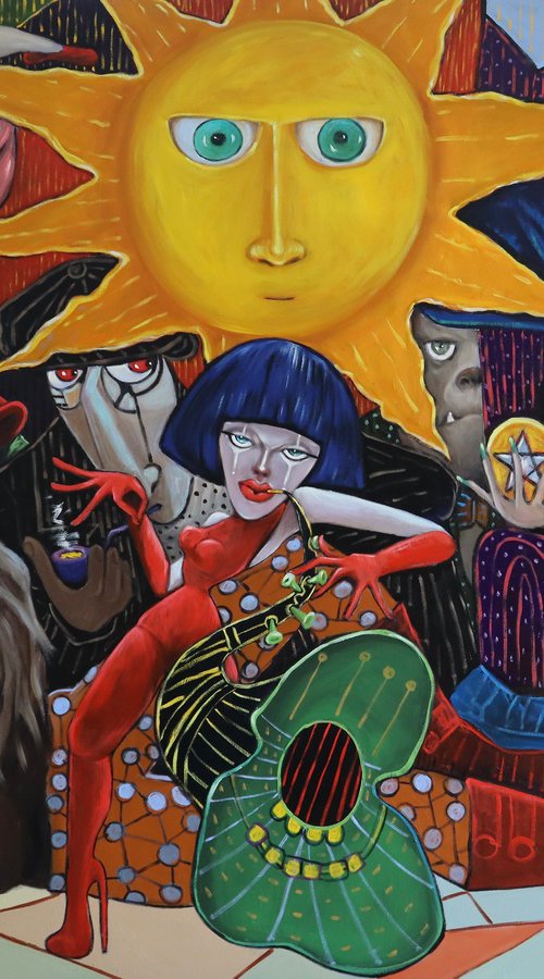 Lady in Red playing the Sax while Taming the Lion by Ta Byrne