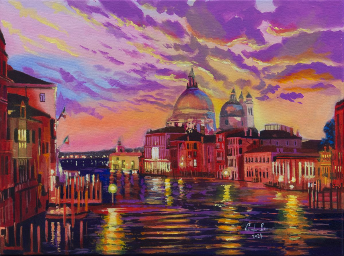 Impressionistic Cityscapes Oil Painting By Gordon Bruce, 16 X 12, Venice At Night, Original Artwork